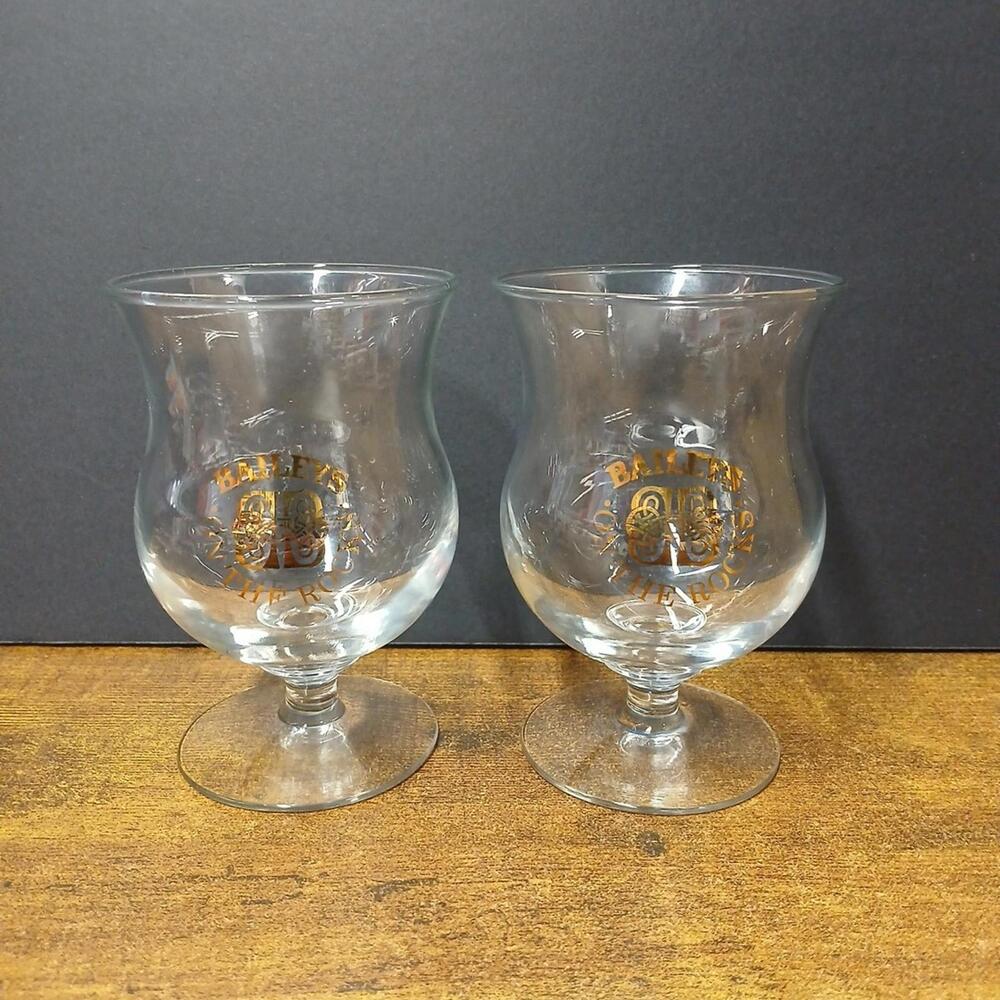 Lot of 2 Bailey’s Irish Crème On The Rocks Logo Footed Cordial Tulip Glasses